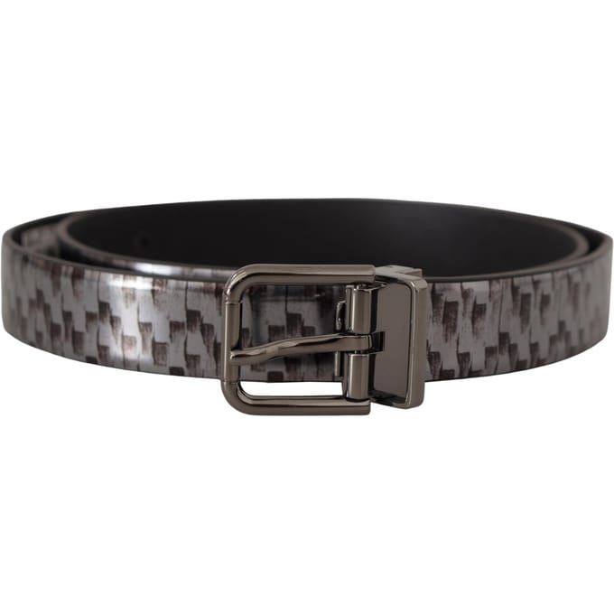 Dolce & Gabbana Grijze Haringbone Leren Grijze 3D Metaal Gesp Riem