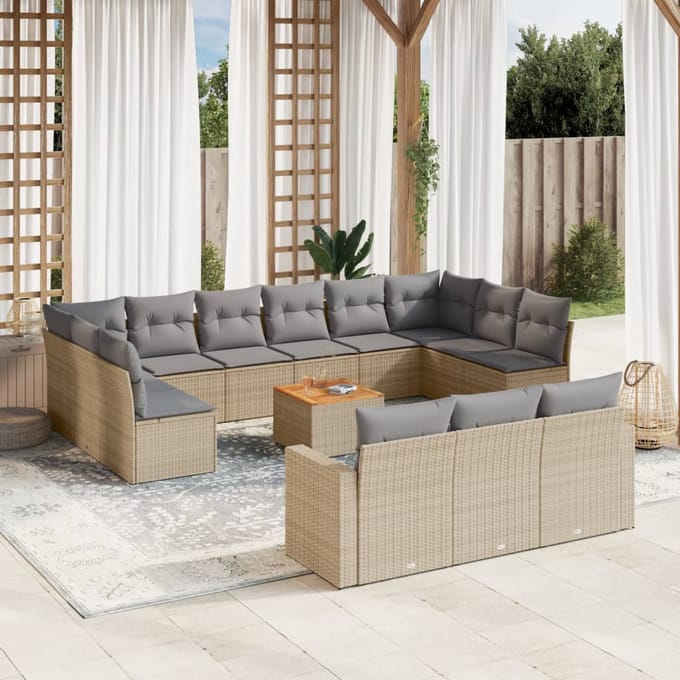 vidaXL - 14-delige - Loungeset - met - kussens - poly - rattan - gemengd - beige