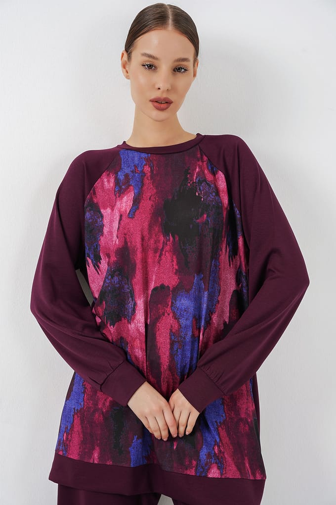 Oversized abstracte print crewneck tuniek en broek set