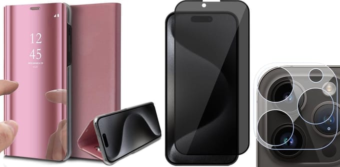 Hoesje geschikt voor iPhone 15 Pro Max - Privacy Screenprotector FullGuard & Camera Lens Screen Protector - Book Case Spiegel Roségoud