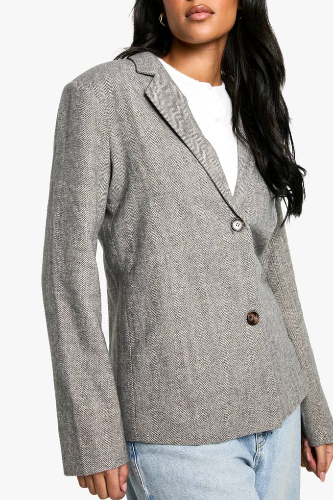 boohoo Dames Tall Herringbone Wool Look Blazer | Grey | Maat: 8