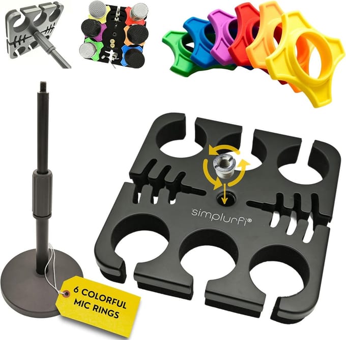 6-Voudige Microfoonhouder met Kabelorganizer - Vierkante Lade voor Handmicrofoons met Anti-rolringen en Desktop Mic Stand