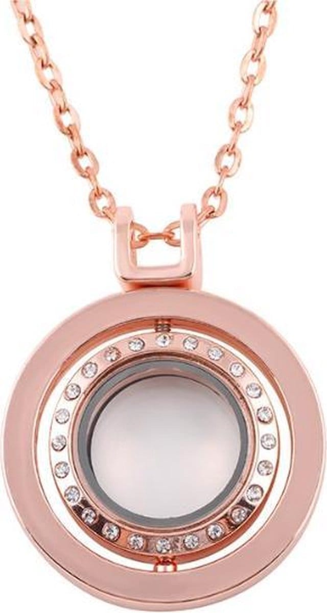 Memory locket – draaibaar medaillon met glas – roségoudkleurig – 70 cm