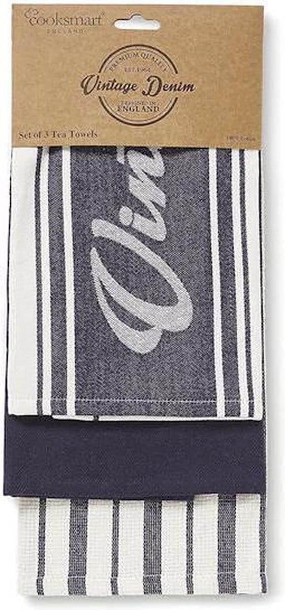 Cooksmart Theedoeken - Set - Per 3 Stuks - Vintage Denim - Blauw - Wit