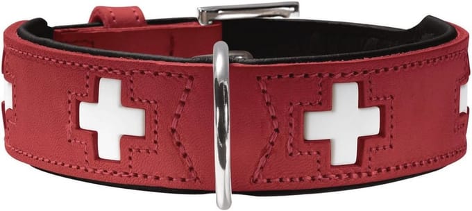 Halsband van biologisch leer voor honden, 65 cm, Rood/Zwart