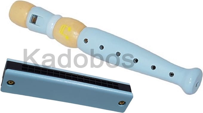 Houten blokfluit en mondharmonica lichtblauw