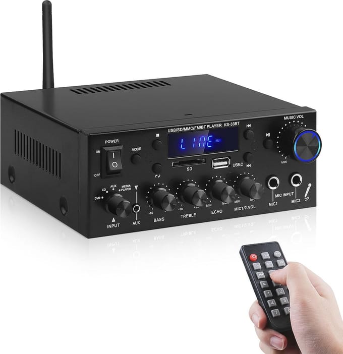 Bluetooth 5.0 HiFi Versterker 2-Kanaals 60W RMS Max. 400W Stereo Ontvanger met Echo en MEerdere Ingangen