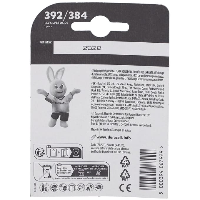 Batterij Duracell knoopcel 1x392/384 alkaline Ø7,9mm 1,5V-45mAh