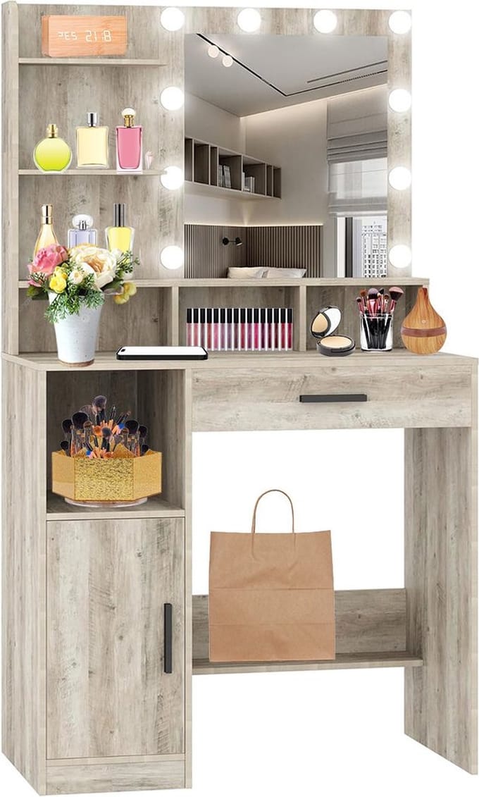 Make up Tafel - Kaptafel met Spiegel en Verlichting - Hollywood Spiegel - Hout - Grijs