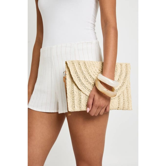 boohoo Dames Raffia Vouwclutch Met Crossbody Band | Natural
