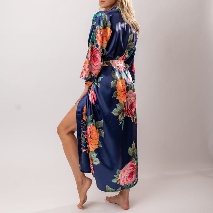 Dames Kimono satijn , blauw met bloemen, lang model, one size