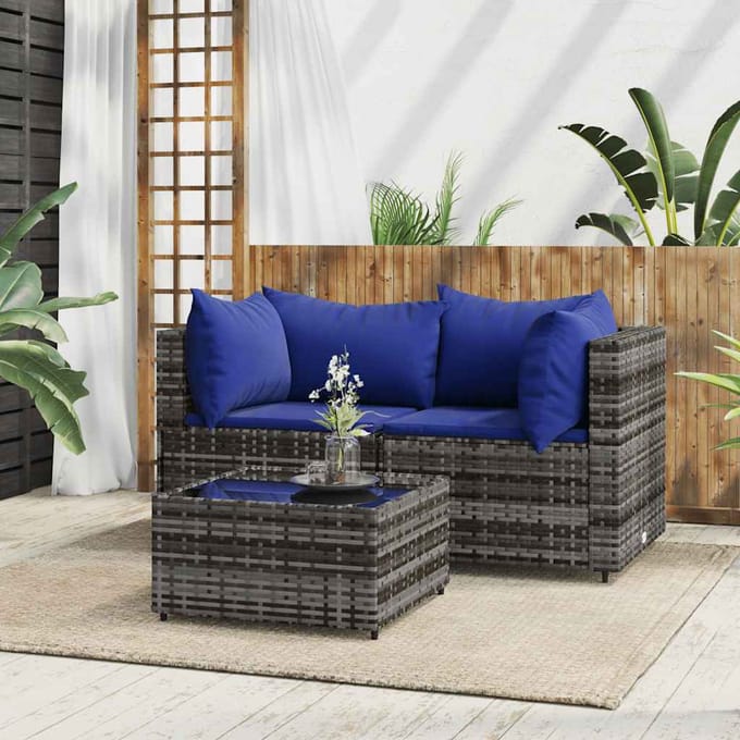vidaXL - 3-delige - Loungeset - met - kussens - poly - rattan - grijs