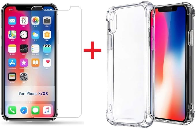 Ntech hoesje Geschikt voor iPhone Xs Max Screenprotector Tempered Glass + Anti Shock Hoesje
