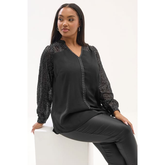 Yours Zwarte Blouse Met Stud Detail En Inkeping Aan De Hals Size 46