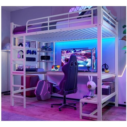 ModernLuxe Loftbed 90x200cm - met bureau + reling - met USB + Type-C aansluitingen - met LED-lichtstrip - wit