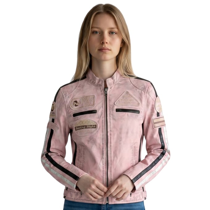 Dames Biker Racing Badges Roze Leren Jas-Incheon