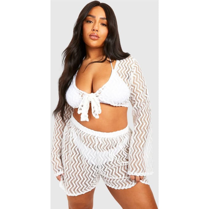 boohoo Dames Plus Jersey Gebreide Strandoutfit | Wit | Maat: 56