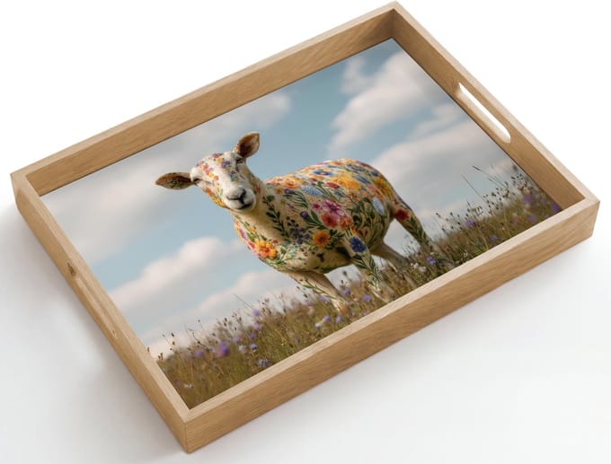 Dienblad hout 50x35 cm - Schootdienblad - Schaap - Bloemen - Weide - Borrelplank rechthoek - Plateau dienbladen
