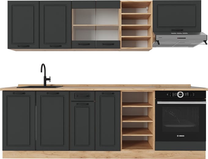Vicco R-Line Complete keukeneenheid – 240 cm, WB Eik Antraciet landhuis/gouden eik