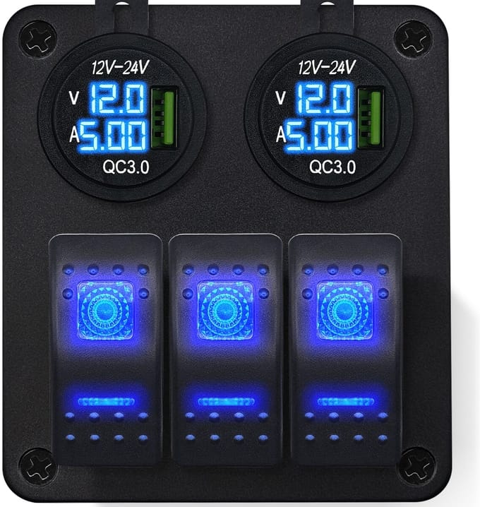 ProRide Schakelpaneel 12V voor Auto/Boot - USB Stopcontact met Voltmeter/Ampèremeter - QC3.0 - 3 schakelaars