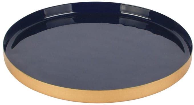 Dekoratief | Dienblad rond, donkerblauw/goud, metaal, 21x21x2cm | A258156