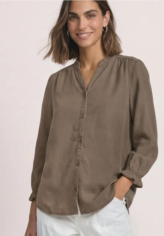 Blouse met 3/4-mouwen, split in de hals en ruches