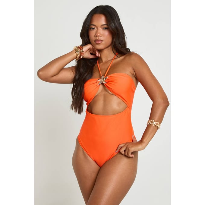 boohoo Dames Badpak Met Halternek, Uitsnijding En Zeesterversiering | Oranje | Maat: 42