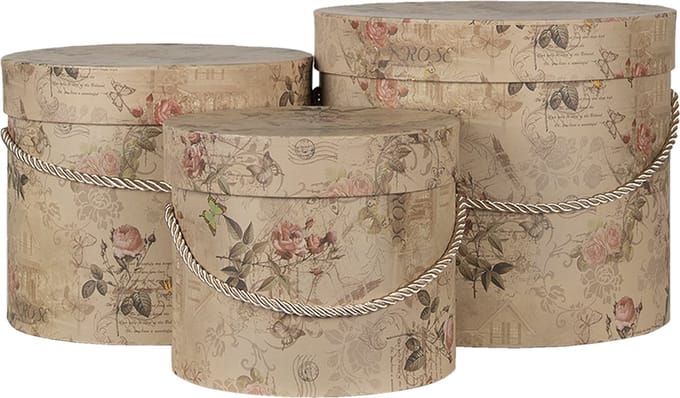 Clayre & Eef Hoedendoos Set van 3 Ø 23x20 cm Beige Roze Karton Bloemen
