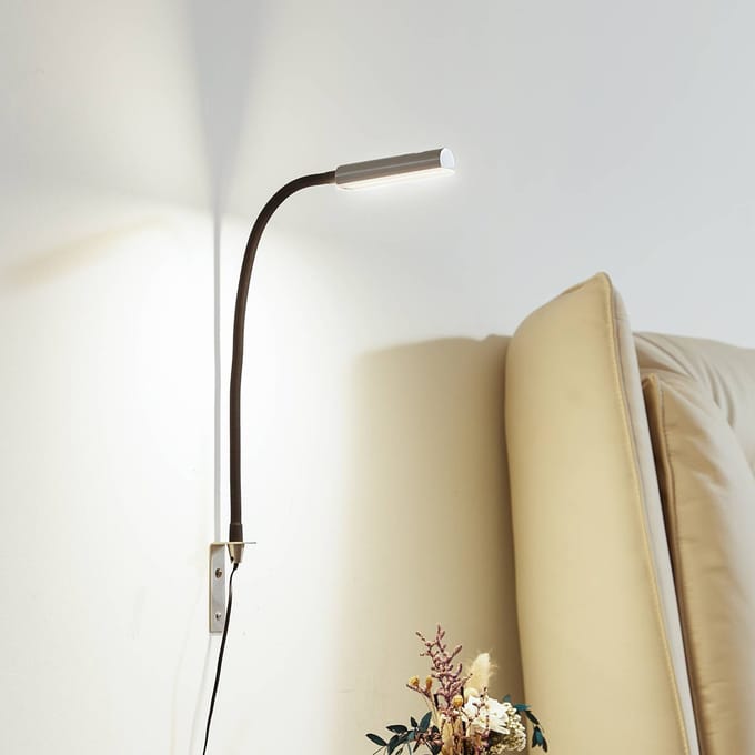 Lindby LED leeslamp Flexola, nikkel, hoekig, metaal, stekker