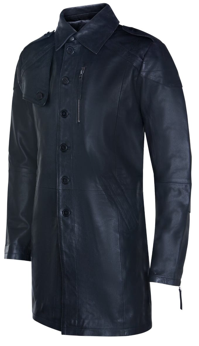 Zachte lange militaire trenchcoat van noodlijdend leer