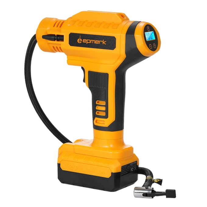 Compresseur d'air de gonfleur de pneu sans fil Lepmerk 20 V alimenté par batterie rechargeable 150 PSI portable jaune