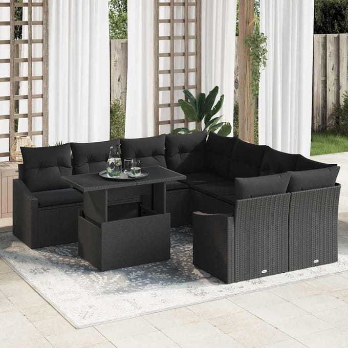 vidaXL - Tuinbank - Set - 9 - st - Zwart - poly - rattan