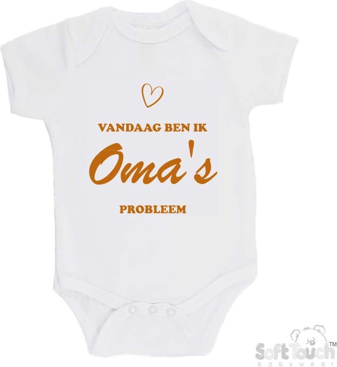 100% katoenen Romper "Vandaag ben ik oma's probleem" Unisex Katoen Wit/tan Maat 56/62