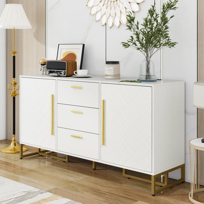 Dressoir - Elegant met Visgraatpatroon - 2 Deuren en 3 Lades - Wit