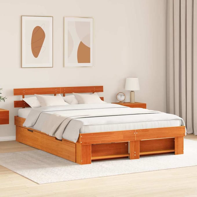 vidaXL - Bedframe - met - lade - Wasbruin - 150 - x - 200 - cm - Massief - grenenhout