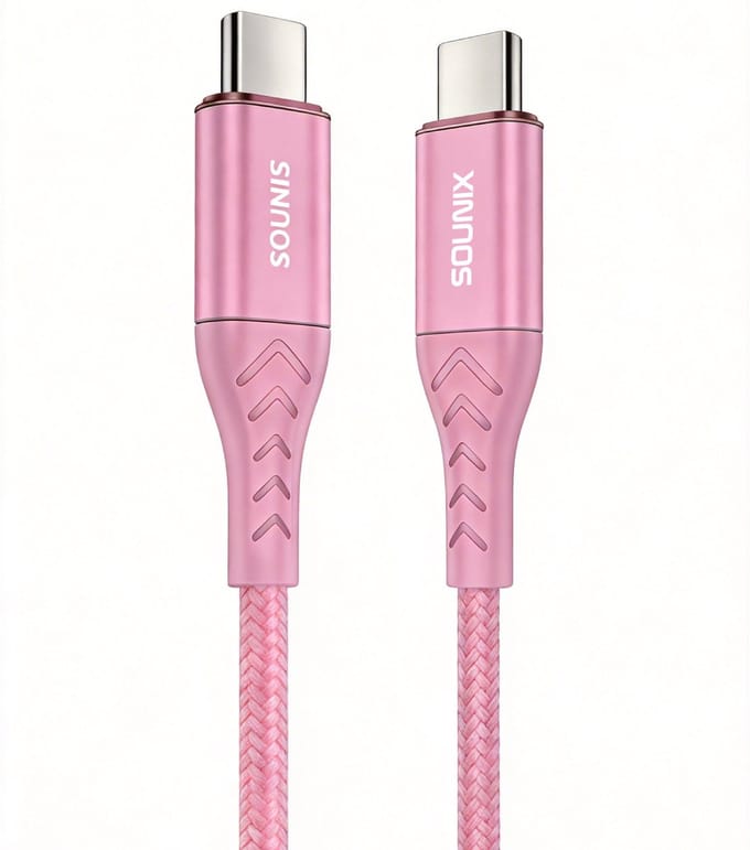 Sounix USB C kabel met E-marker - 5A100W - 2 Meter - Snellader - USB 3.2 - Oplaadkabel - 20Gbps - Gevlochten Nylon - Roze