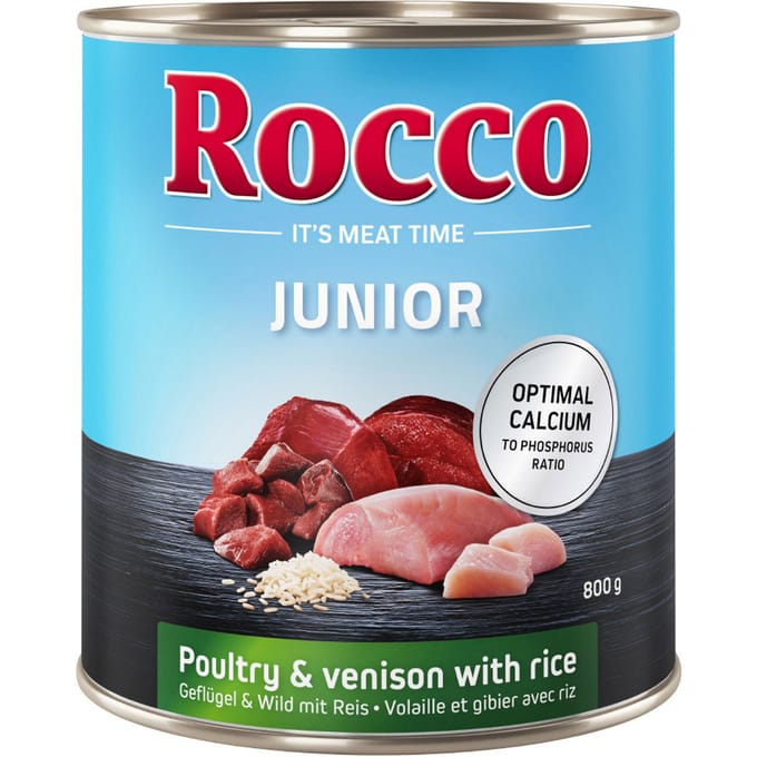 6x800g Junior Gevogelte, Wild & Rijst + Calcium Rocco Hondenvoer