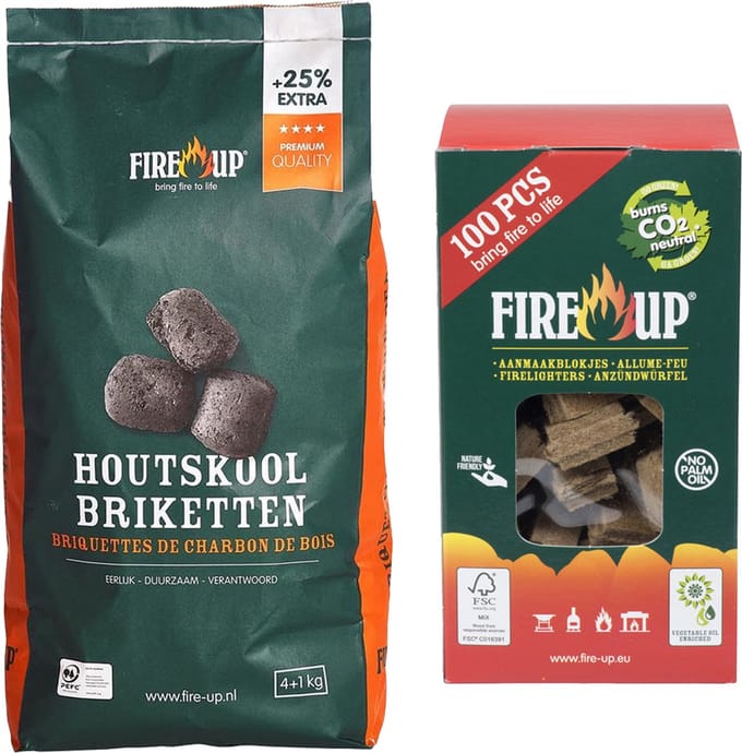 BBQ starterspakket - houtskool briketten 5 kilo - barbecue aanmaakblokjes 100x