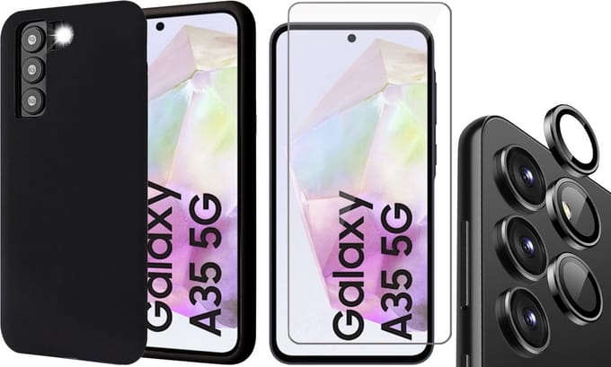 Hoesje geschikt voor Samsung Galaxy A35 - Screenprotector Glas & Camera Protector - Mat Back Case Zwart