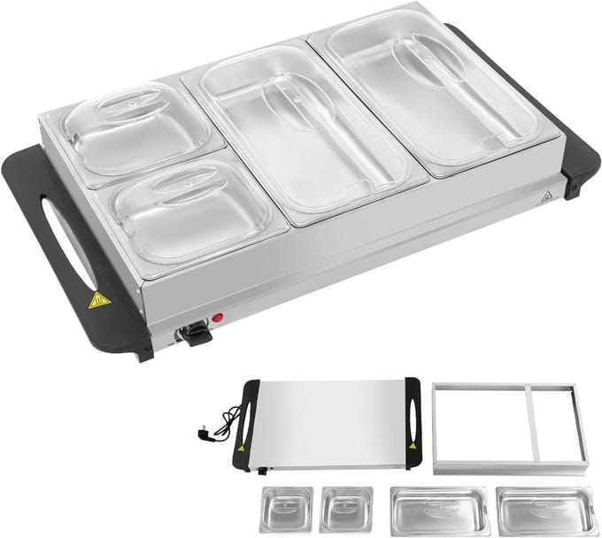 Buffet Voedselverwarmer - Warmhoudplaat - Gerechten Warm Houden - Efficiënte Temperatuurregeling - 4 Dienbladen - Zilver