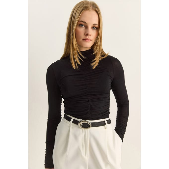 Slim Fit Halflange Colblouse met Drapé Detail