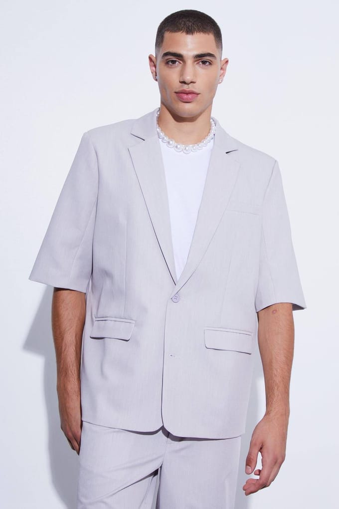 Short Sleeve Oversized Single Breasted Suit Jacket | Light Grey | Size 46