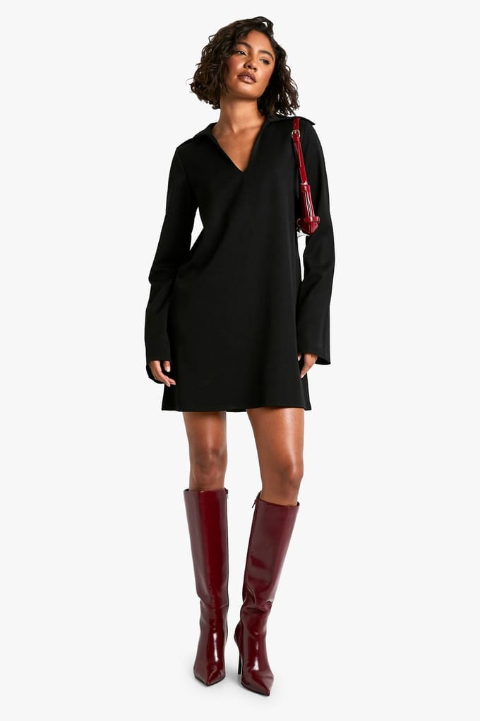 boohoo Dames Hoge kraagdetail geweven getailleerde shiftjurk | Zwart | Maat: 36