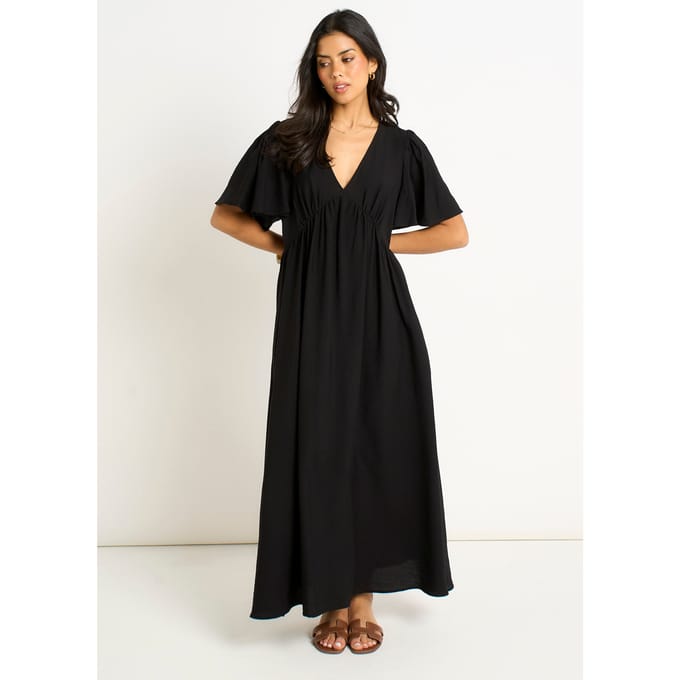 Zwarte maxi-jurk met V-hals, schuine mouwen en skaterrok