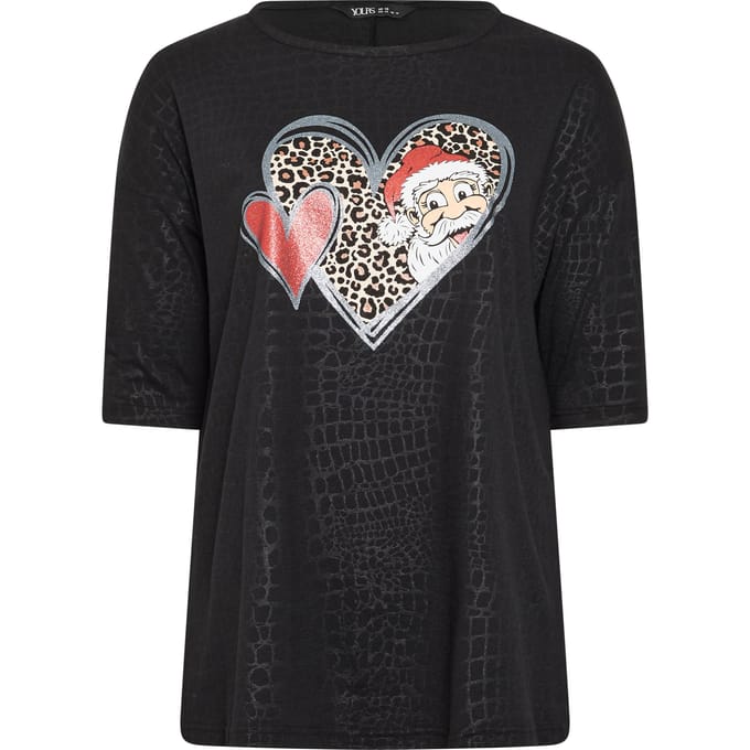 Yours Plus Size Black Santa & Leopard Heart Christmas Novelty Tshirt Size 44