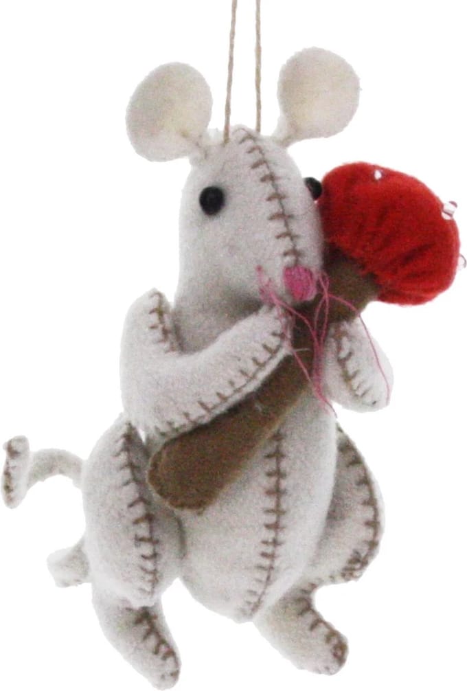 Muis wit met paddestoel, vilt 11cm