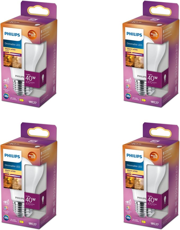 Philips Voordeelverpakking - E27 - LED Standaard lamp - Mat - 40W - Dimbaar - Warmwit Licht - Set van 4 Stuks