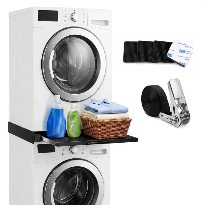 Skoov Tussenstuk voor Wasmachine & Droger - Stapelkit - Met uitschuifbare plank - Universeel - Droogkast - Meubel - incl. trildempers en spanband