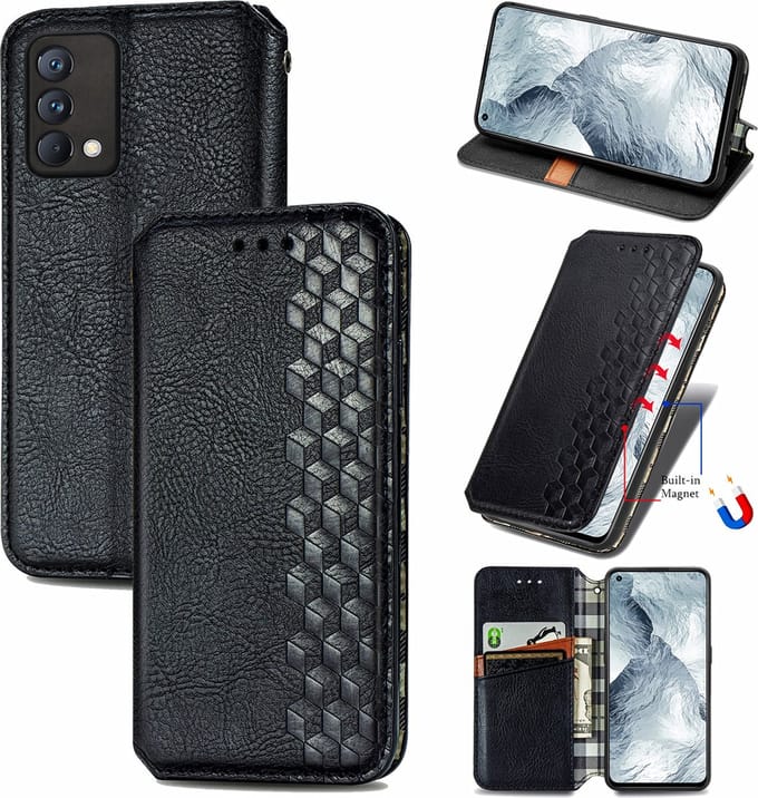 Luxe PU Lederen Ruitpatroon Wallet Case + PMMA Screenprotector voor Realme GT Master _ Zwart