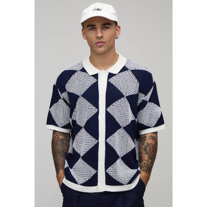 Gebreid Shirt Met Ontspannen Pasvorm En Open Haaksteek | Navy | Size Large
